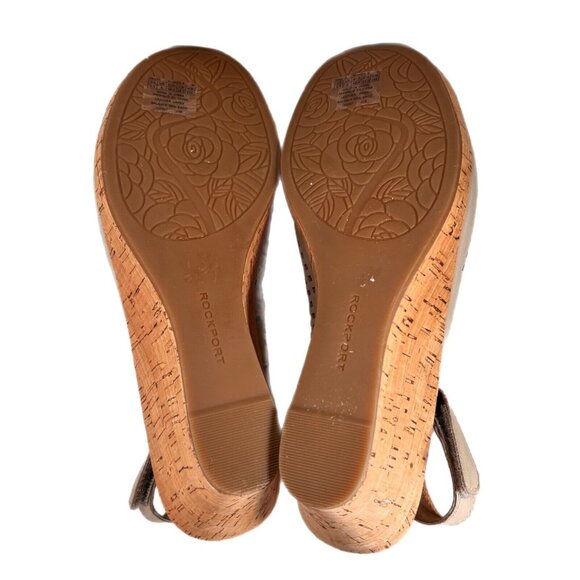 Rockport Womens Tan Taupe Perforated Leather Peep Toe Cork Wedge Shoes Sz 8.5 - Picture 11 of 12